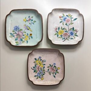 3 set Vintage Chinese Hand Painted Enamel Floral Bronze Metal Trinket Tray Dish